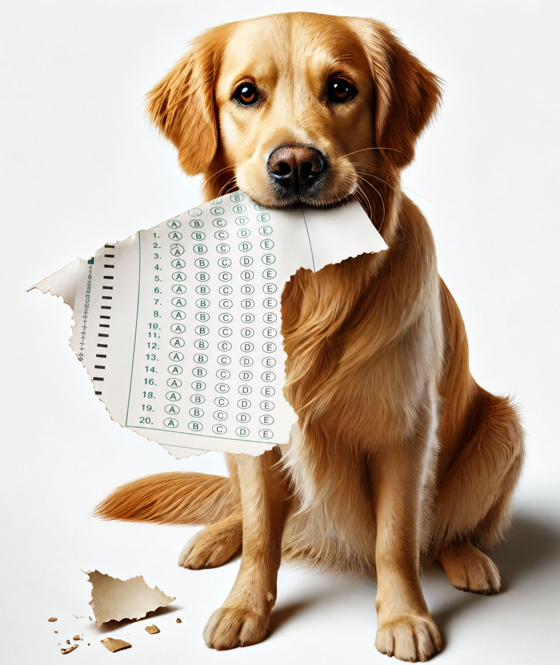 A golden retriever holding a torn multiple-choice bubble sheet in its mouth